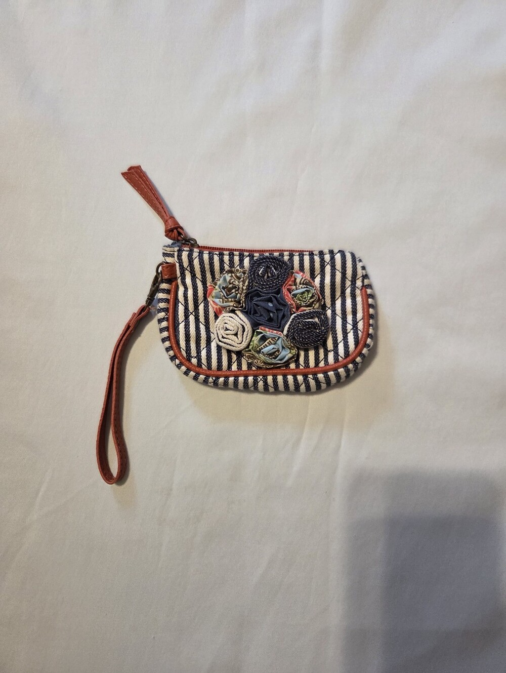 Mud Pie Floral Stripe Coin Purse Wristlet 100% Cotton Floral Appliqué
